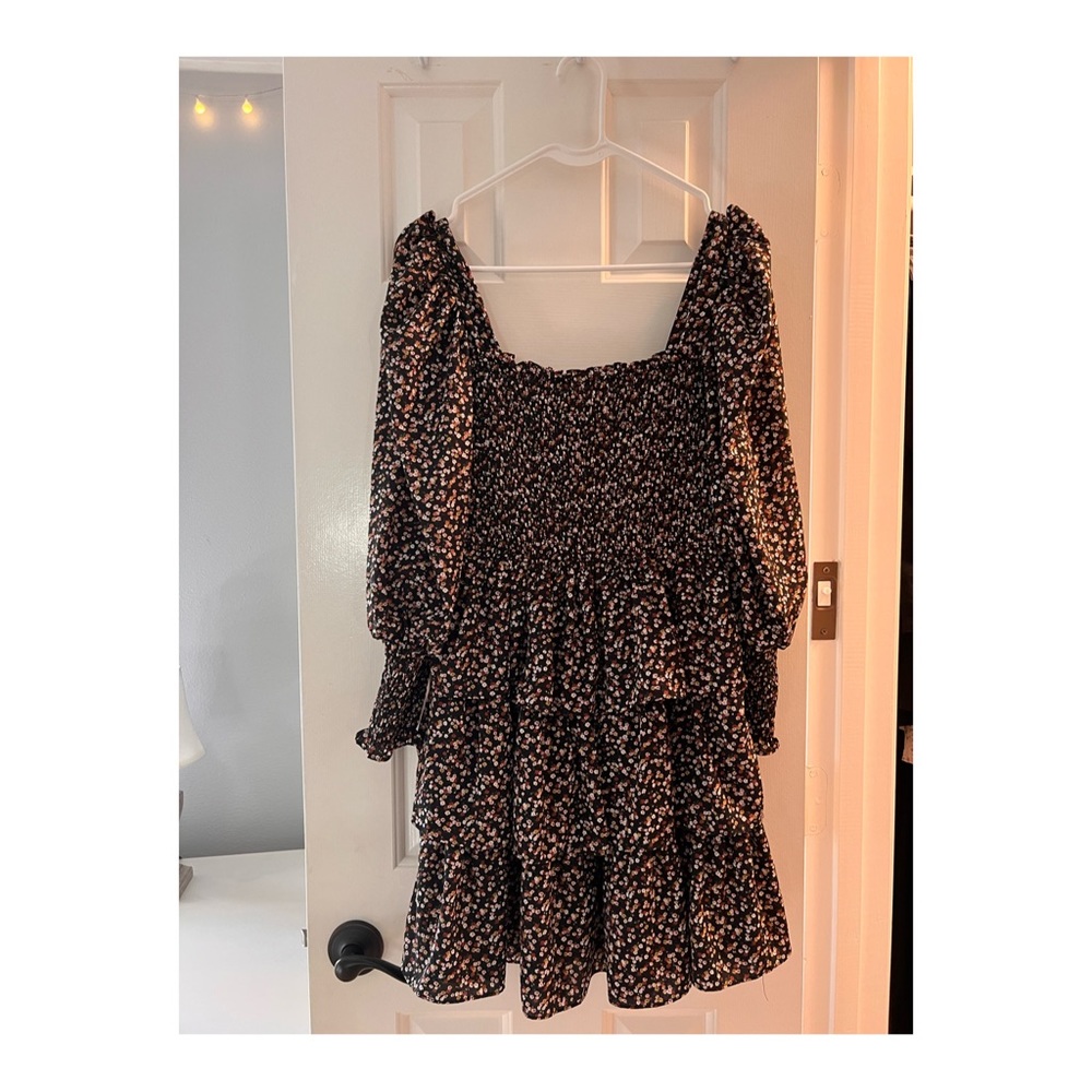 Smocked Tiered Long Sleeve Floral Dress - Black